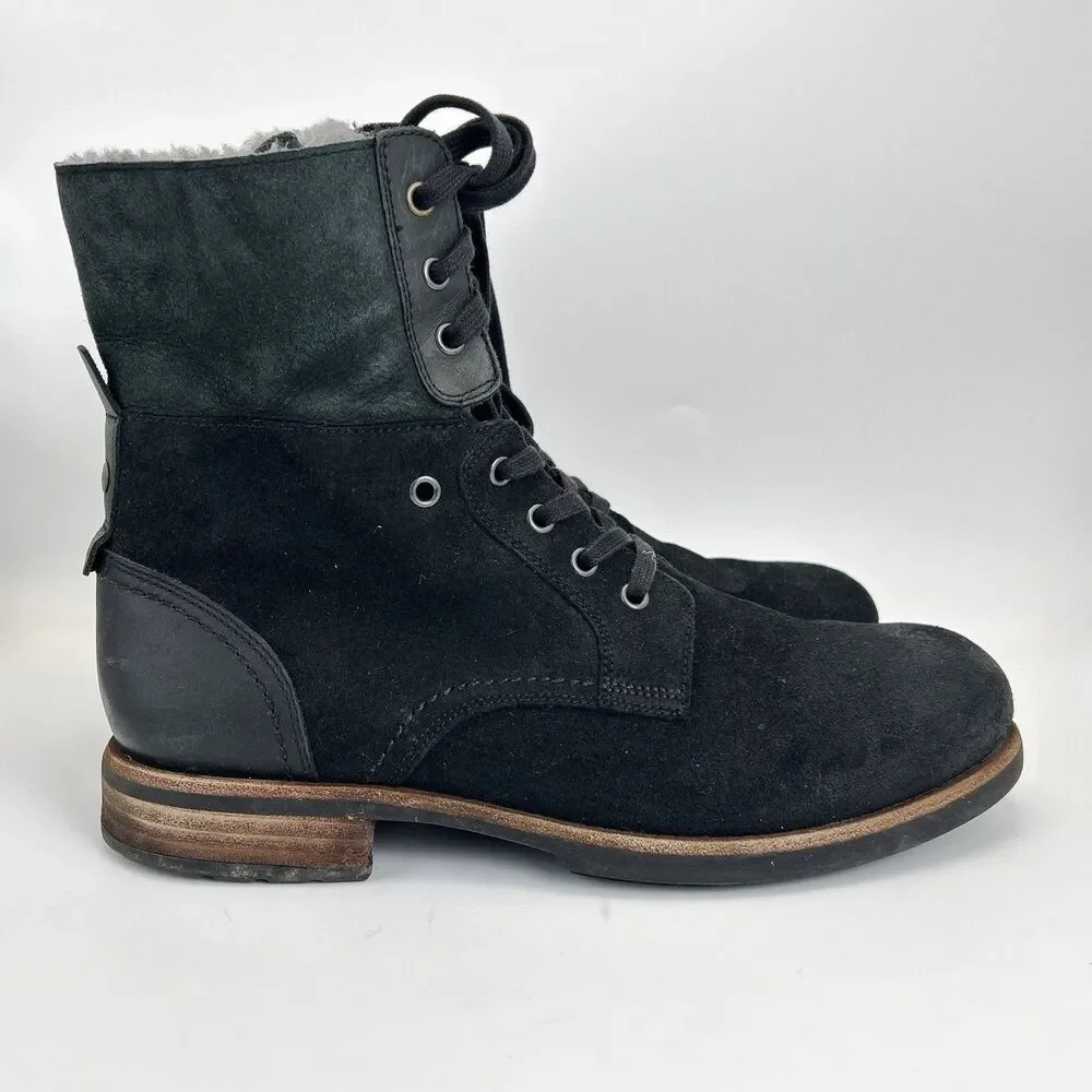 UGG Larus Combat Boots Mens Sz 11 Black Suede Leather Mid Fold-down Calf 1011936